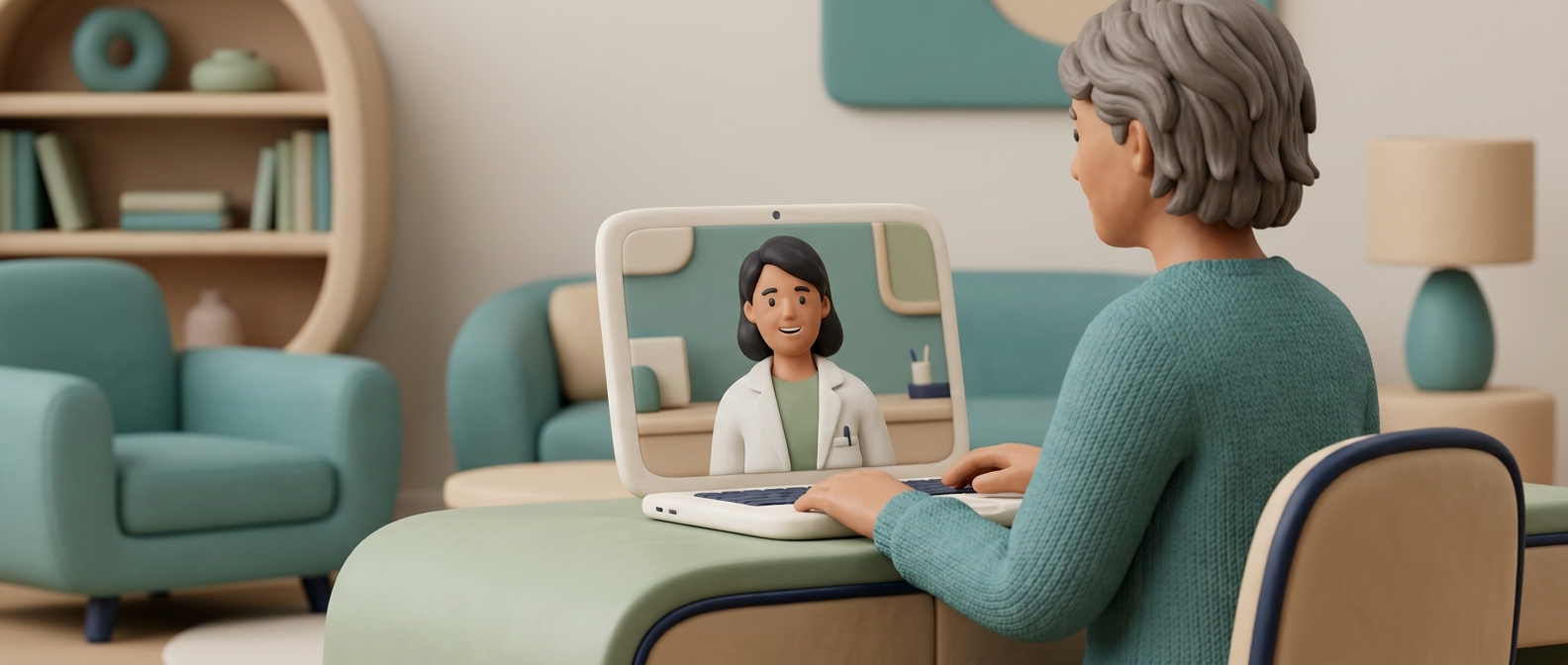 Illustration 3D d'une personne en téléconsultation vidéo avec un médecin, dans le style Kernel