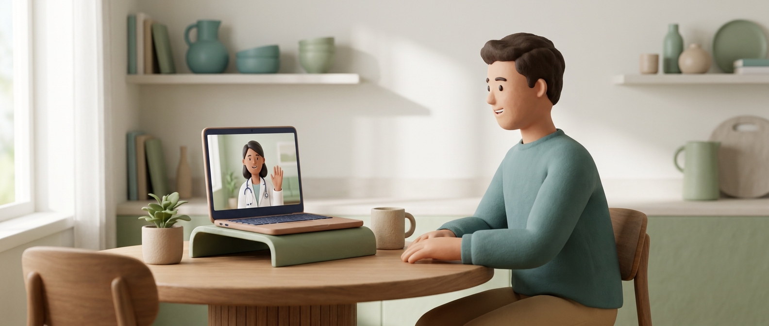 Illustration 3D d'un homme en téléconsultation vidéo à sa table de cuisine avec un médecin bienveillant, évoquant un bilan de santé avant prescription