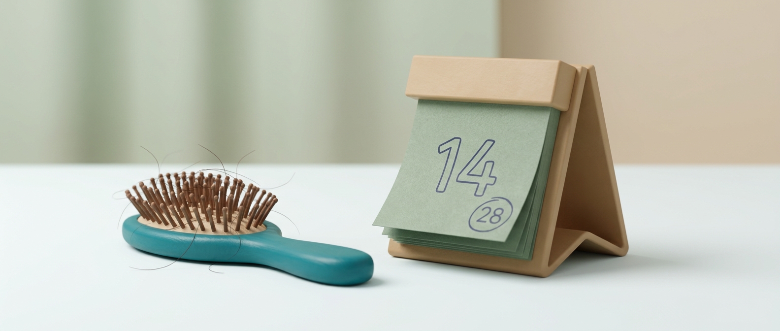 Illustration 3D d'une brosse à cheveux posée près d'un calendrier de bureau, évoquant le délai entre un événement stressant et la chute de cheveux