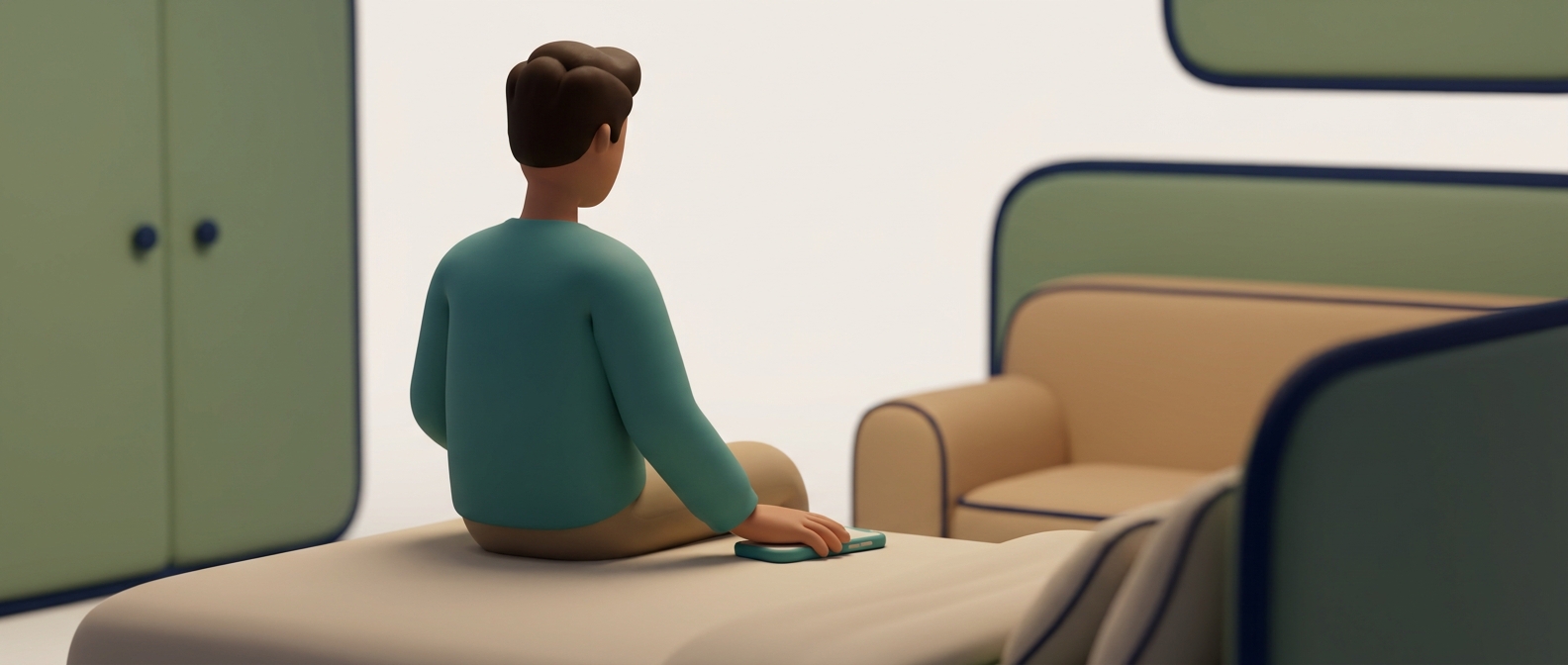 Illustration 3D d'un homme de dos assis au bord de son lit le soir, tenant son téléphone, prenant un moment pour faire le point sur son état