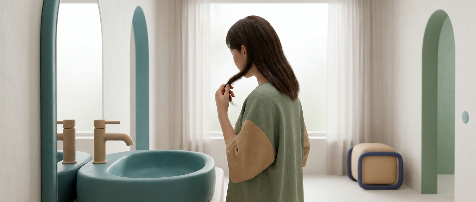 Femme de profil, main dans les cheveux, illustrant la chute capillaire post-partum