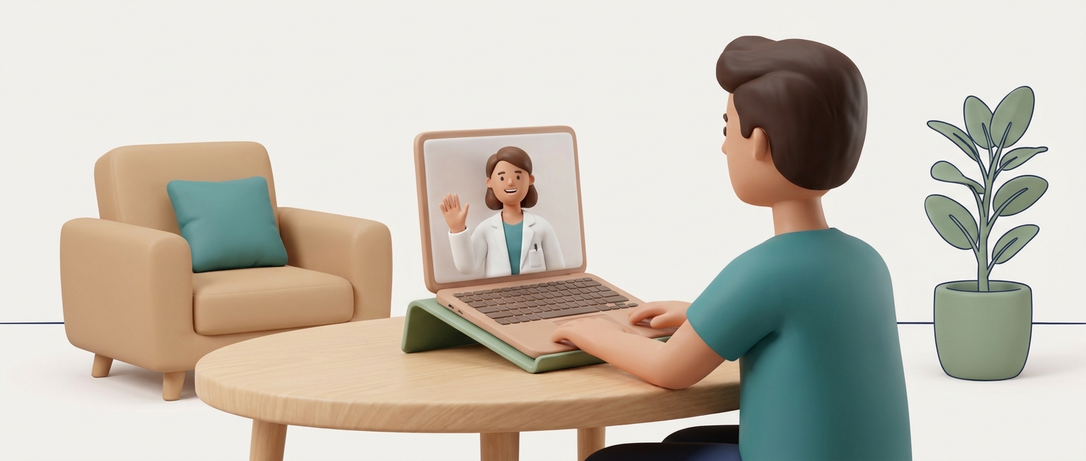Illustration 3D d'une personne en téléconsultation vidéo à domicile avec un médecin souriant à l'écran