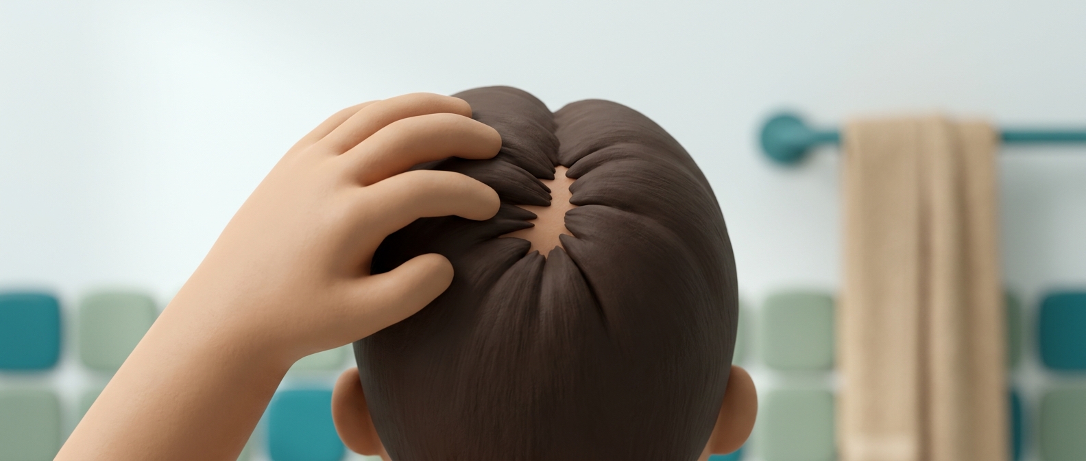Illustration 3D en gros plan d'une main écartant les cheveux au sommet du crâne, vue de dos, visage hors cadre