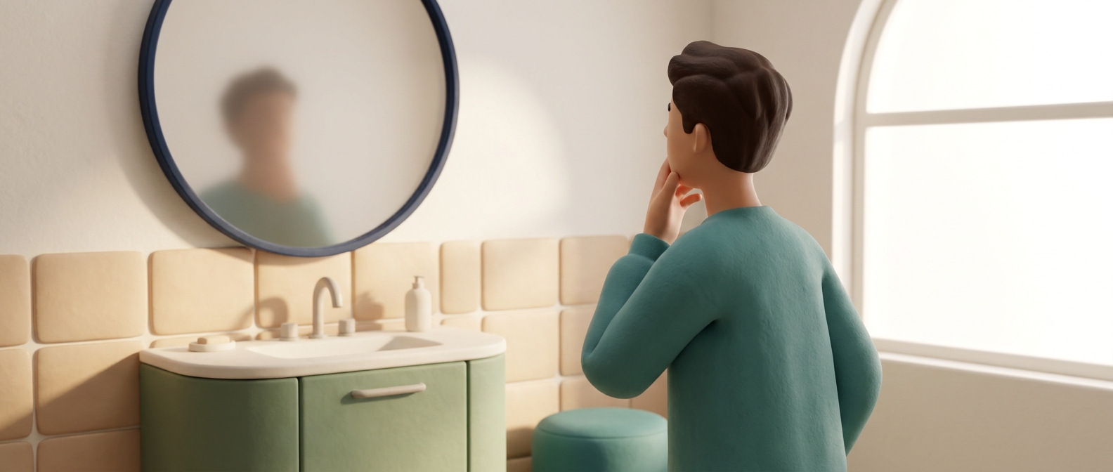 Illustration 3D d'une personne de dos touchant doucement sa mâchoire dans une salle de bain lumineuse, visage non identifiable.