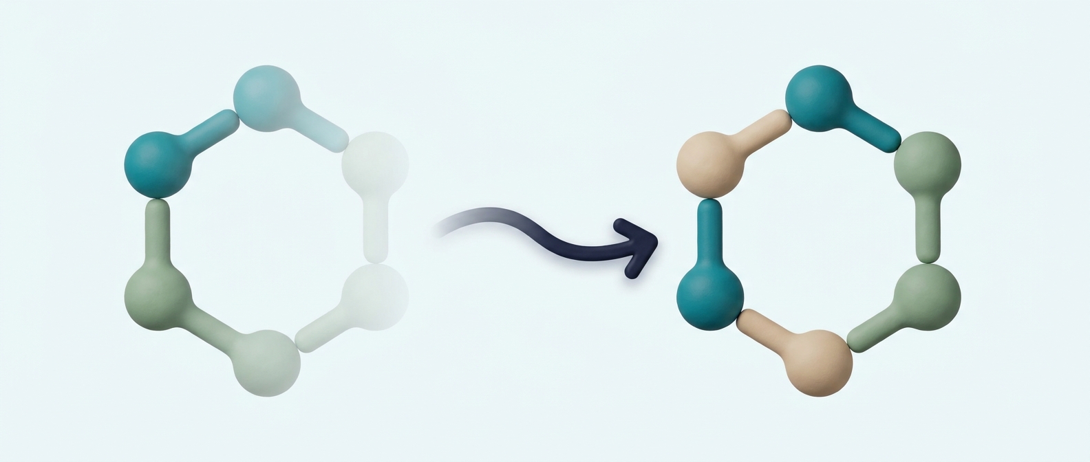 Illustration 3D symbolique d'une forme moléculaire qui s'estompe reliée à une forme identique restée pleine et nette