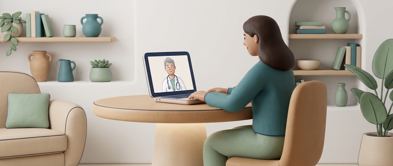 Illustration 3D d'une personne en téléconsultation vidéo à domicile avec un médecin souriant