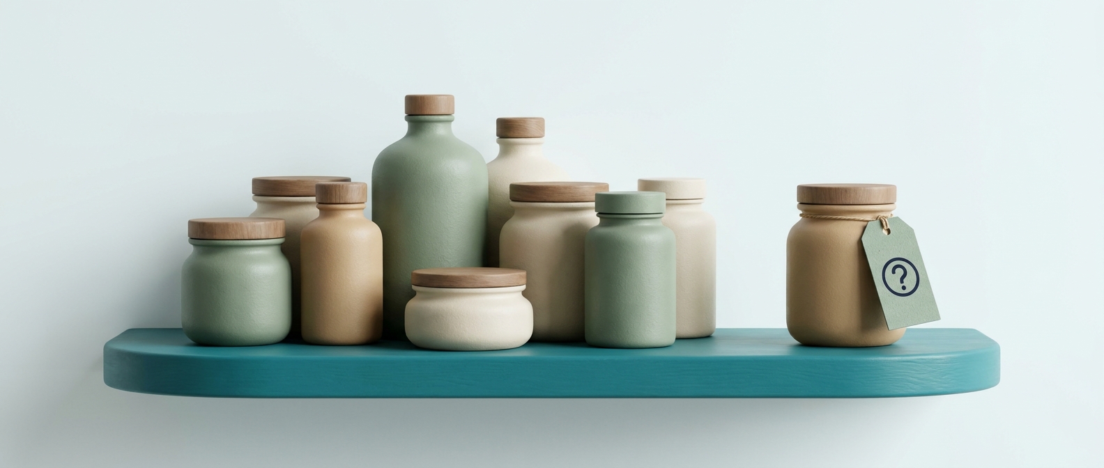 Illustration 3D d'une étagère de pots et flacons de compléments non identifiés, l'un marqué d'une étiquette d'alerte