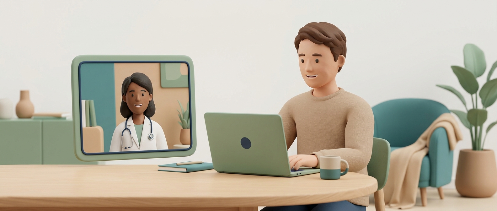 Illustration 3D d'un homme en téléconsultation avec un médecin souriant visible à l'écran