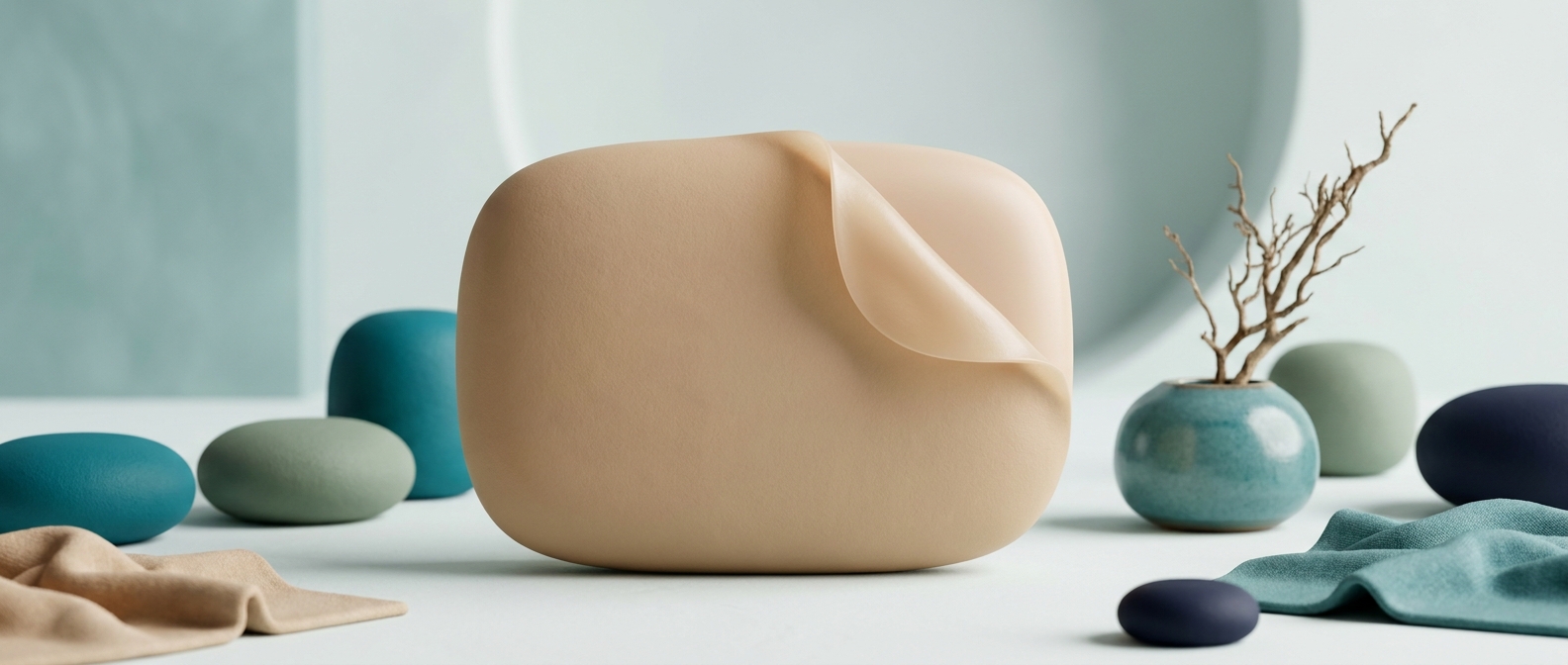 Illustration 3D d’une surface couleur peau dont une fine pellicule se soulève, évoquant la desquamation