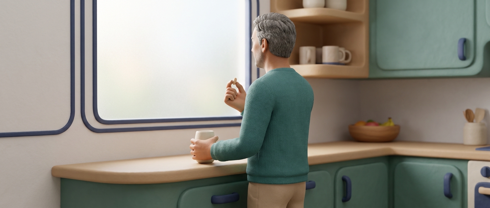 Illustration 3D d'un homme de dos dans sa cuisine tenant un verre d'eau et un comprimé avant de prendre son traitement
