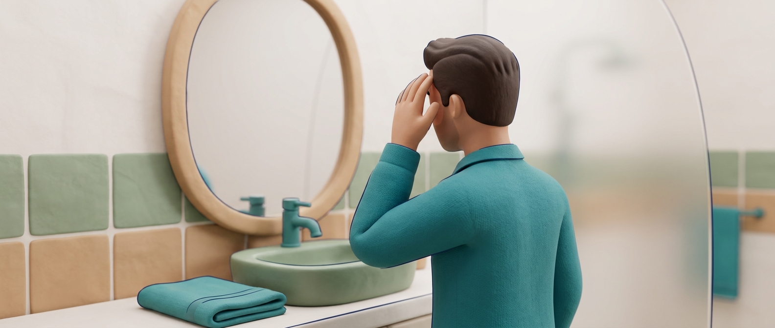 Illustration 3D d'un homme de dos observant sa racine de cheveux dans une salle de bain